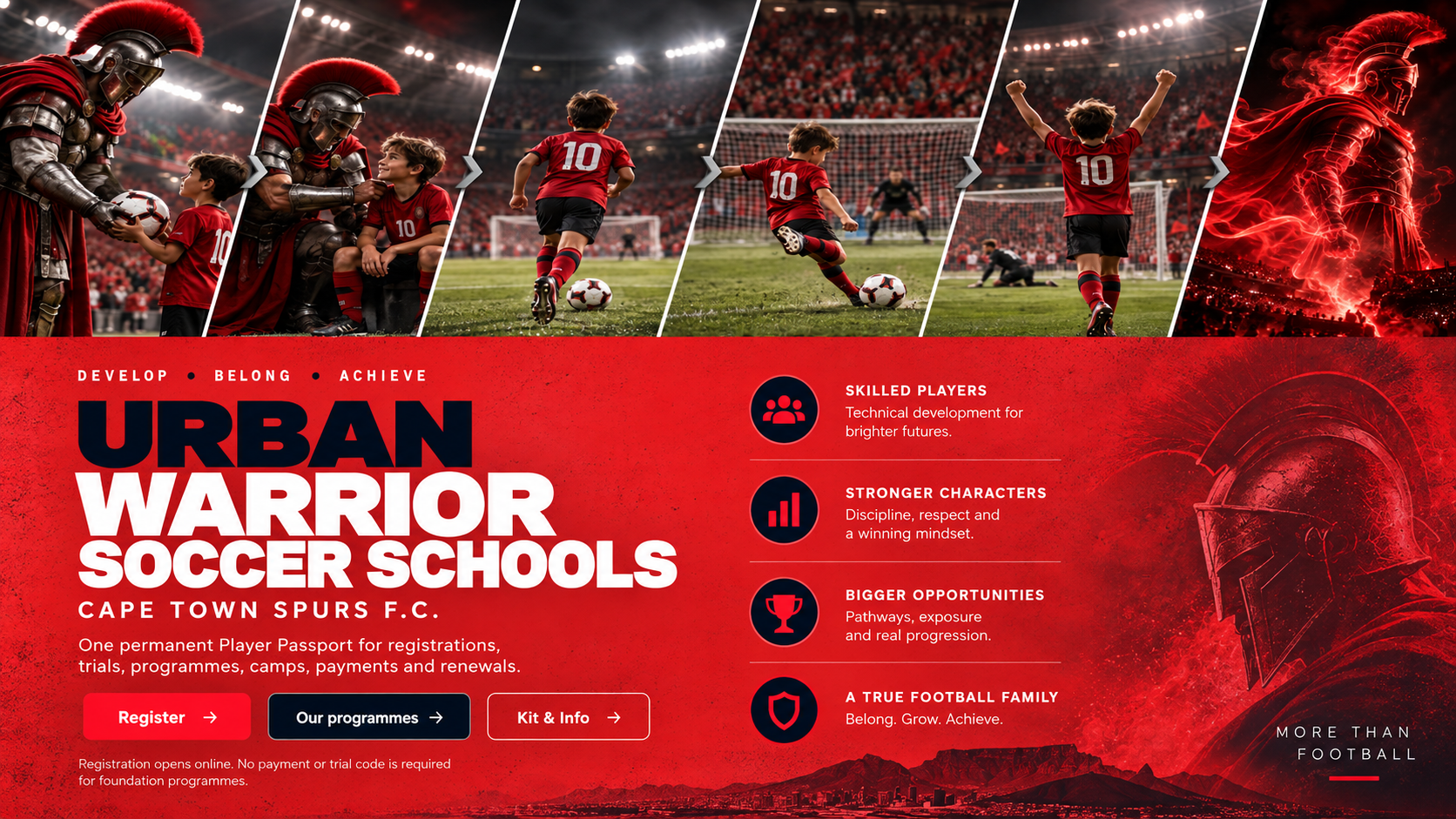 Urban Warrior Soccer Schools homepage banner showing the Urban Warrior Soccer Schools montage, registration messaging, benefits, warrior artwork and Table Mountain silhouette